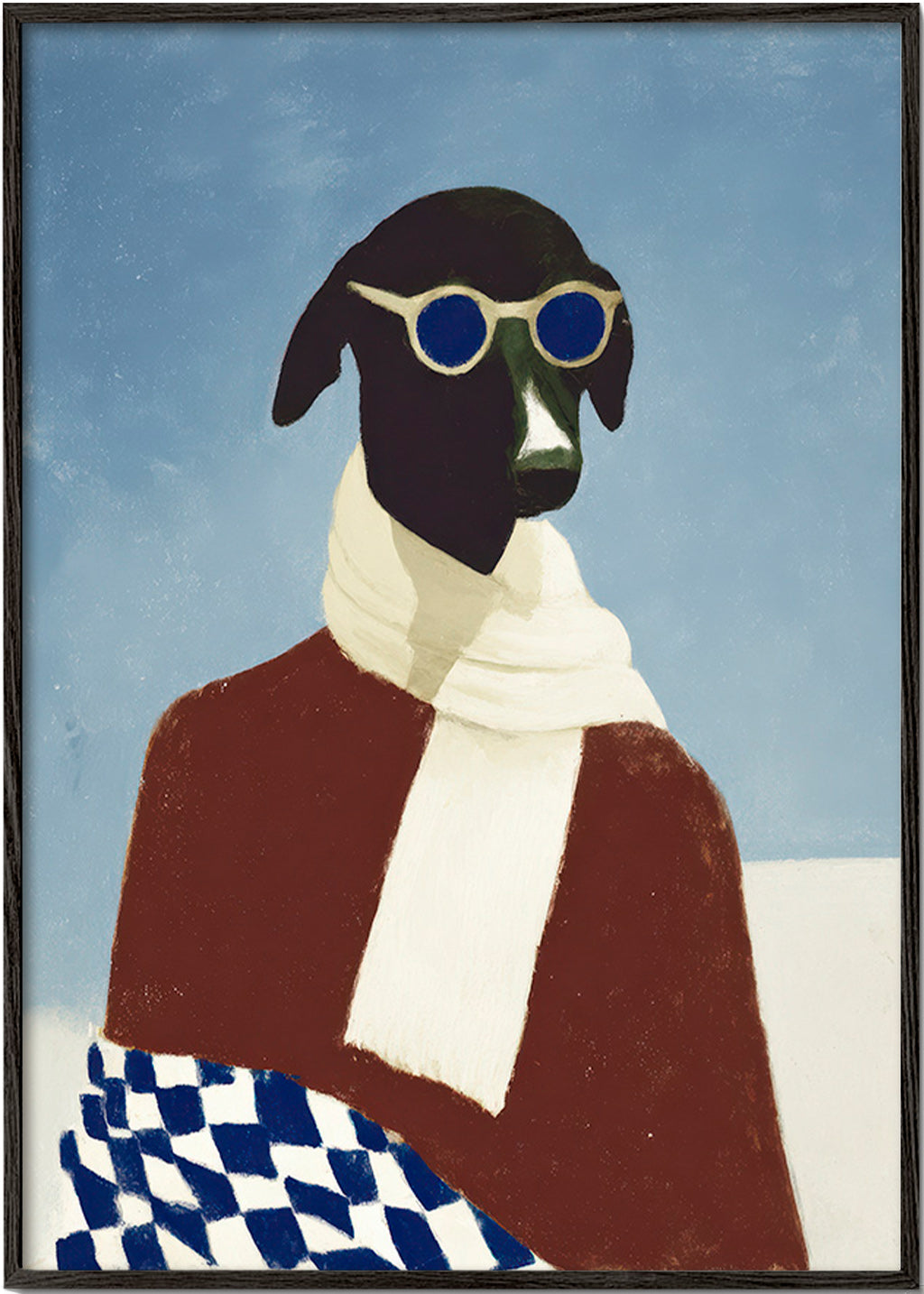 Plakat hund med vinterskjerf – Black Frame