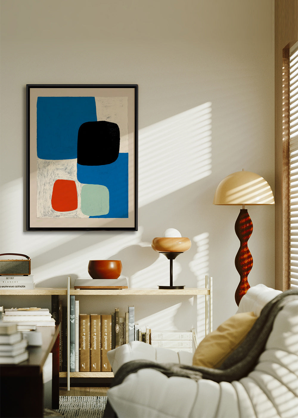 Abstrakt billede med blå former og sort blok – Canvas1