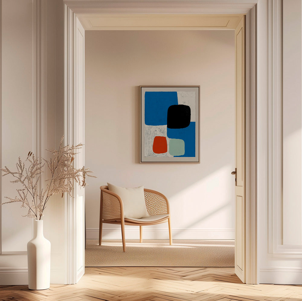 Abstrakt billede med blå former og sort blok – Canvas2