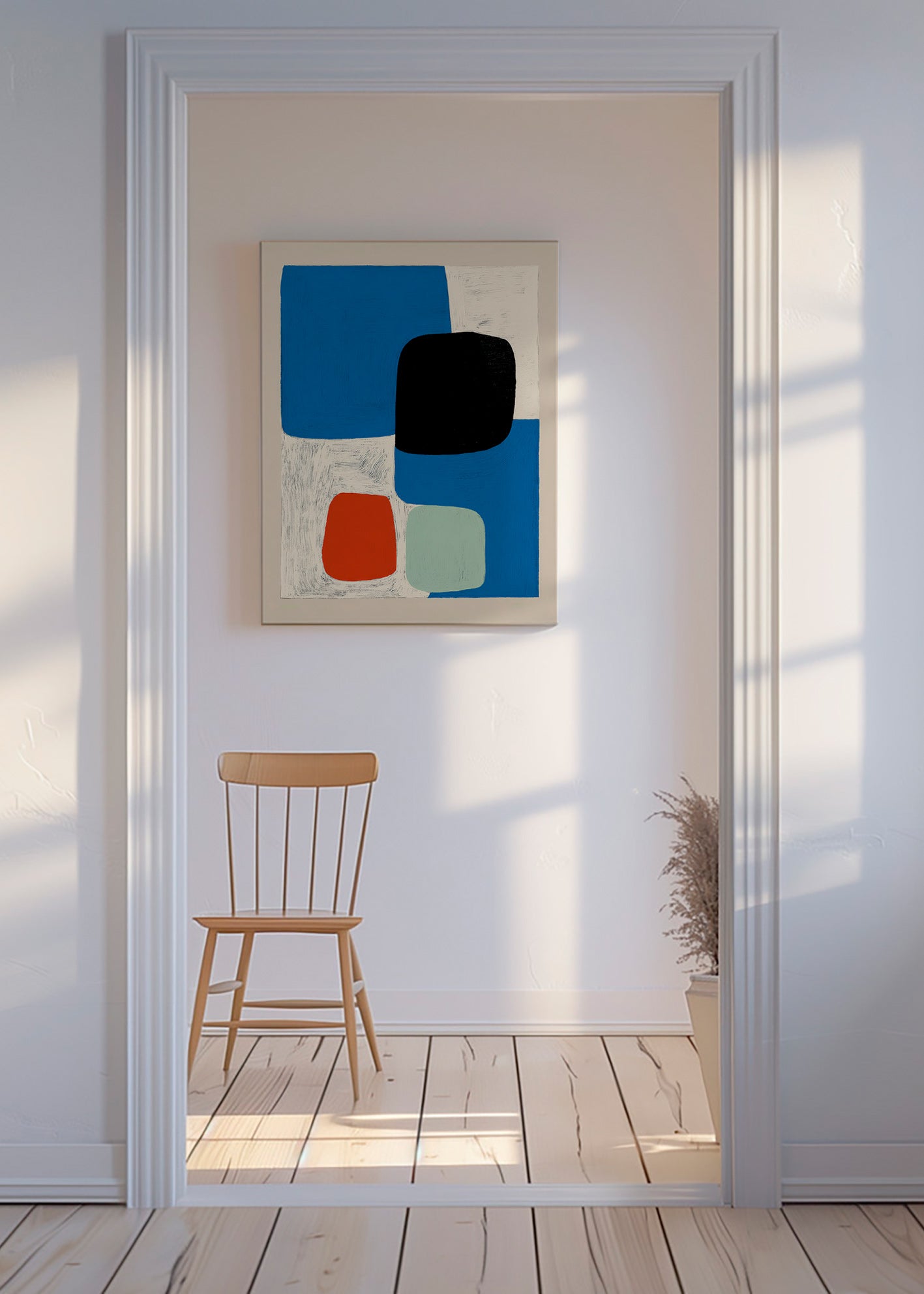Abstrakt billede med blå former og sort blok – Canvas