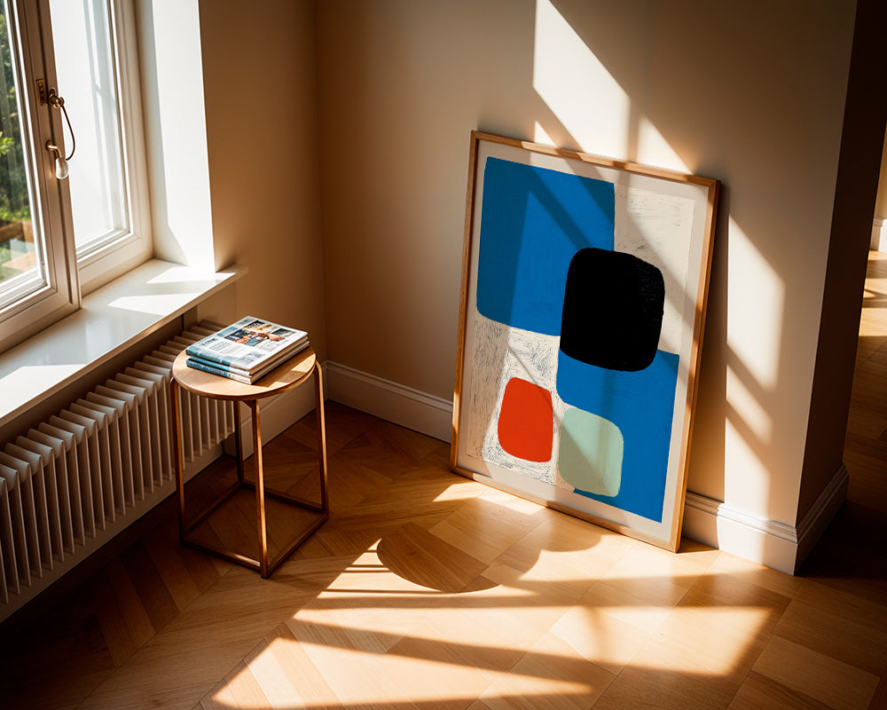 Abstrakt billede med blå former og sort blok – Product1