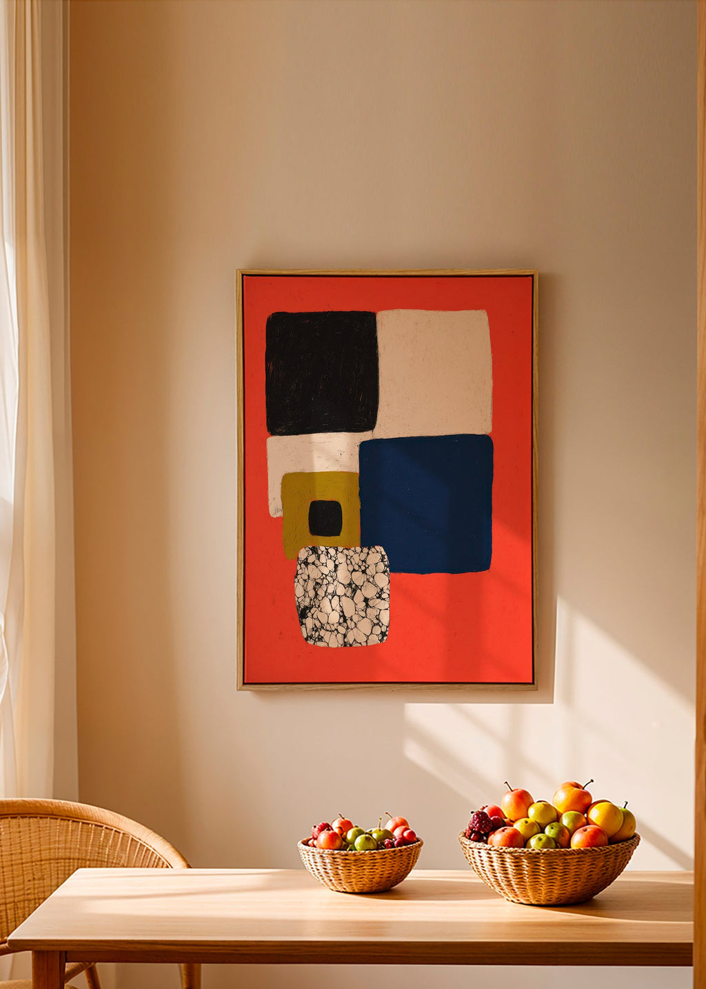 Geometrisk plakat med rød og blå blokke – Canvas1
