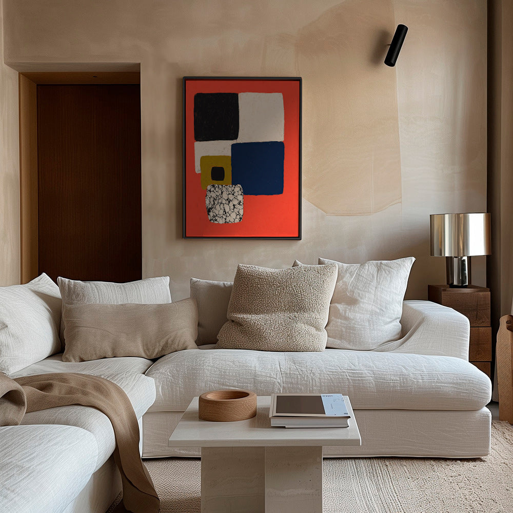Geometrisk plakat med rød og blå blokke – Canvas2