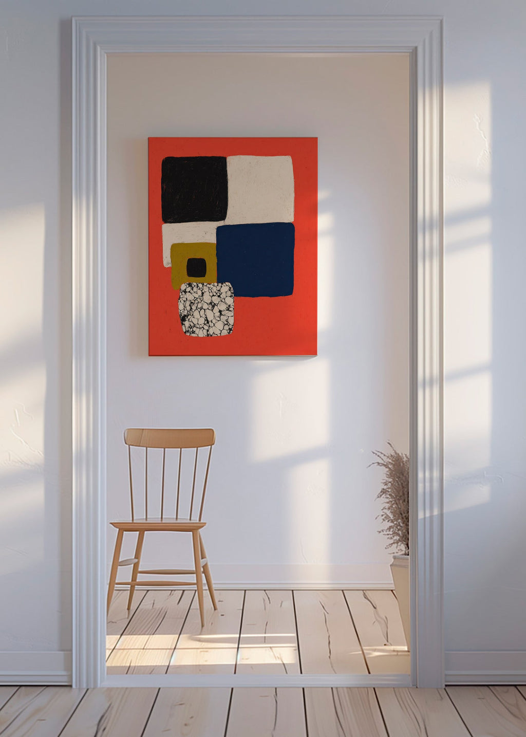Geometrisk plakat med rød og blå blokke – Canvas
