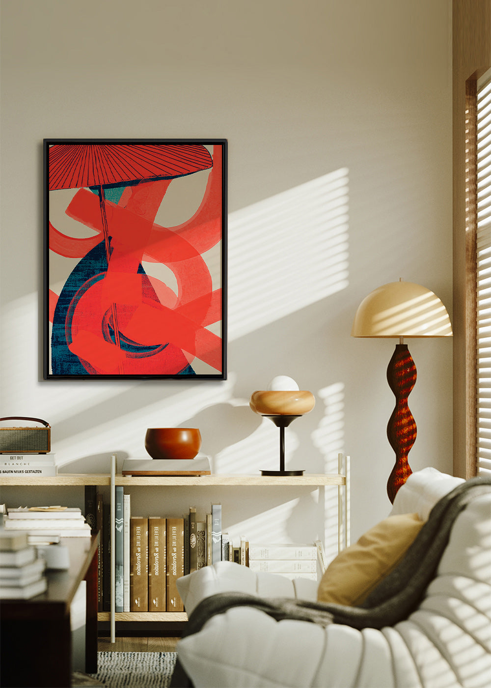 Abstrakt kunst med røde spiralformer og vertikal bevægelse – Canvas1