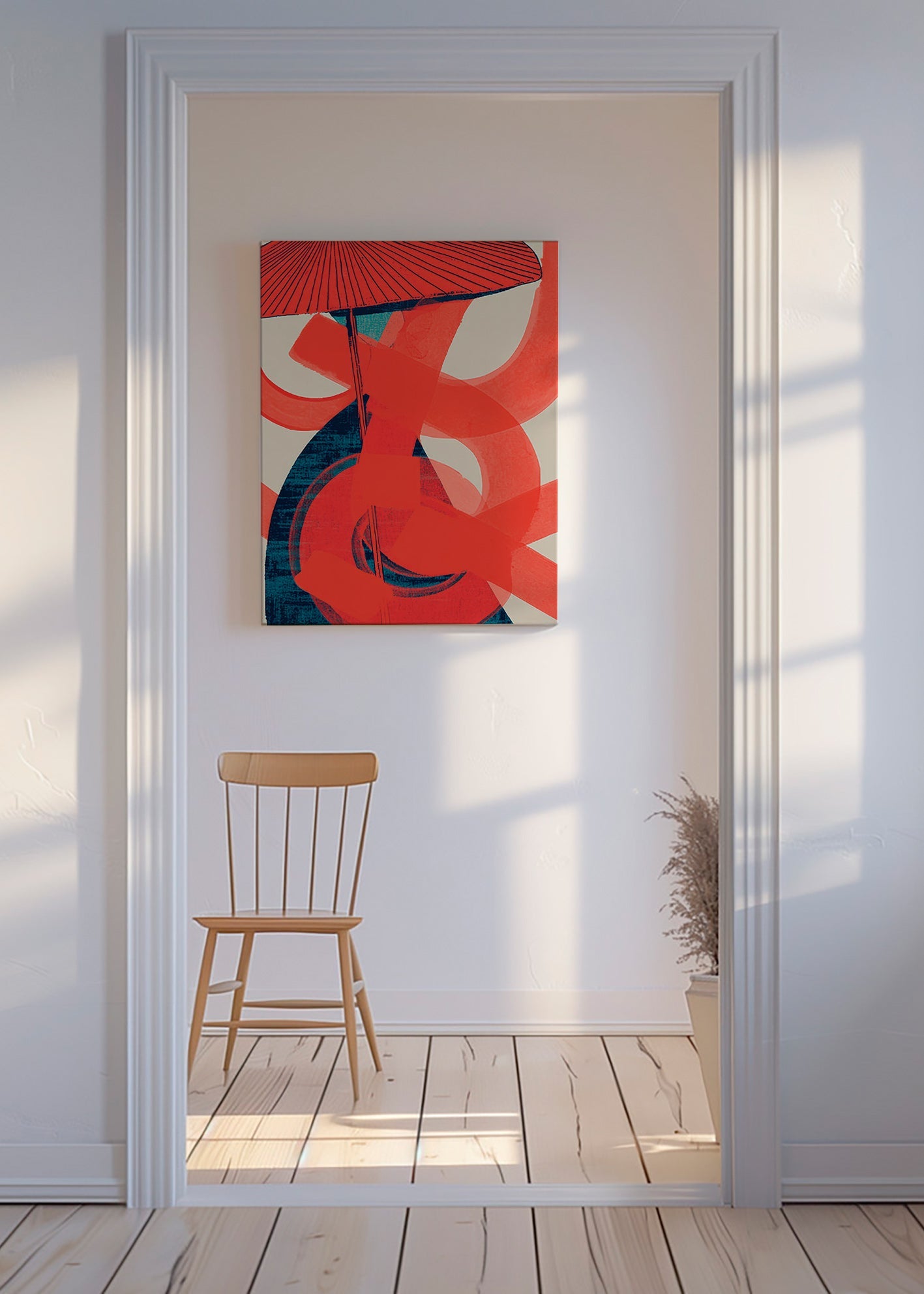 Abstrakt kunst med røde spiralformer og vertikal bevægelse – Canvas