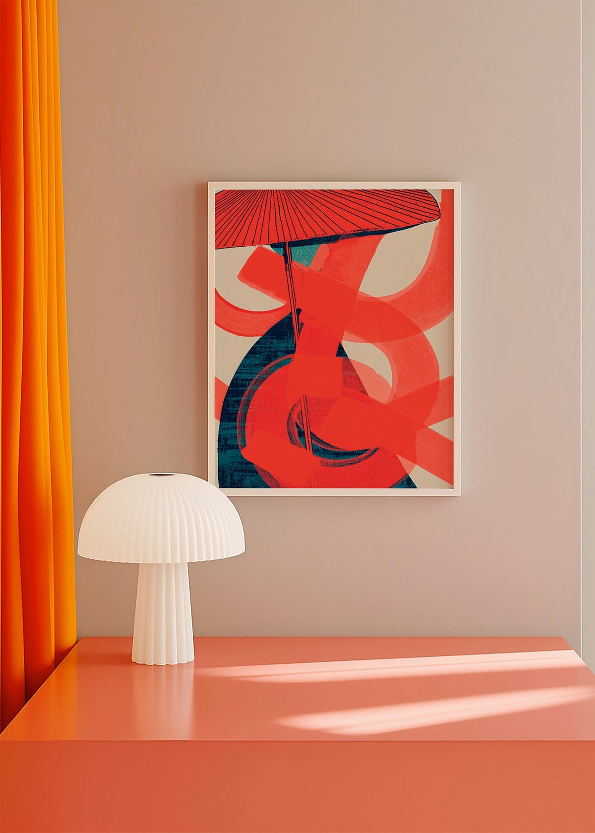 Abstrakt kunst med røde spiralformer og vertikal bevægelse – Product1