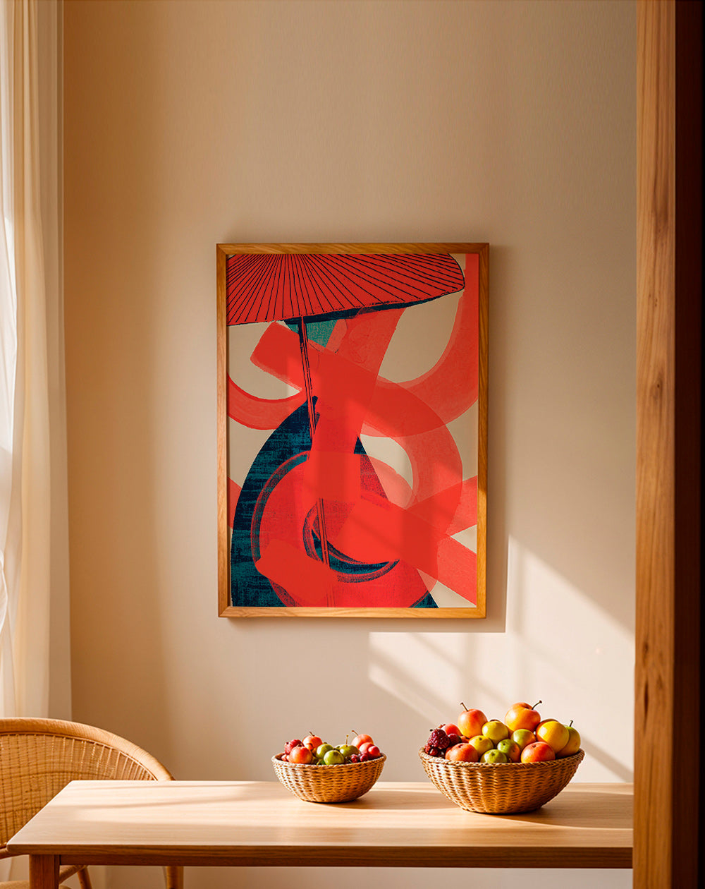 Abstrakt kunst med røde spiralformer og vertikal bevægelse – Product2