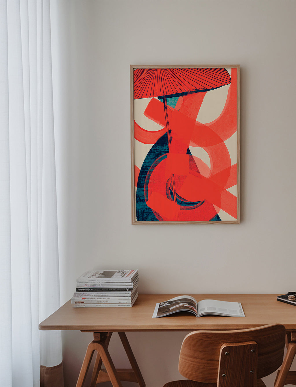 Abstrakt kunst med røde spiralformer og vertikal bevægelse – Product3