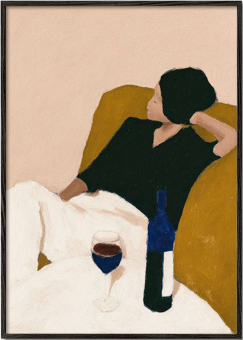 Køkkenkunst med vinflaske og sennepsfauteuil – Black Frame