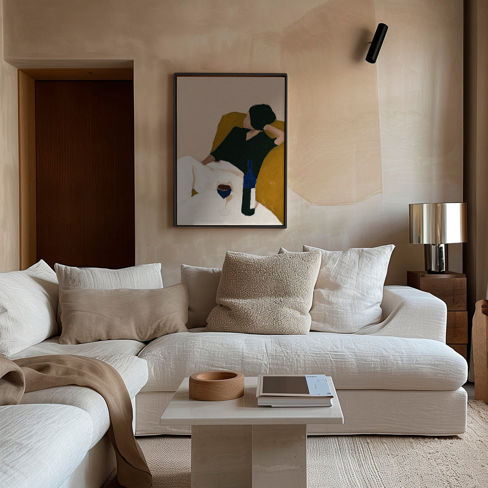 Køkkenkunst med vinflaske og sennepsfauteuil – Canvas1