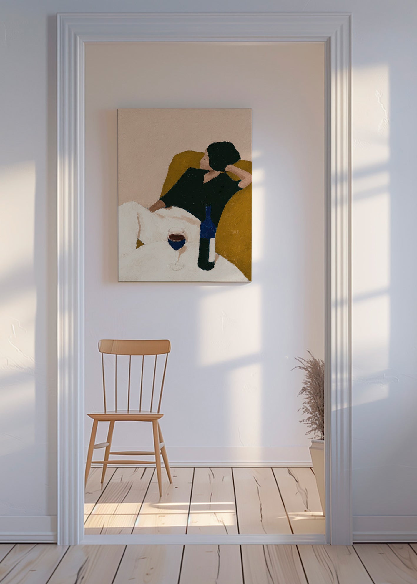 Køkkenkunst med vinflaske og sennepsfauteuil – Canvas