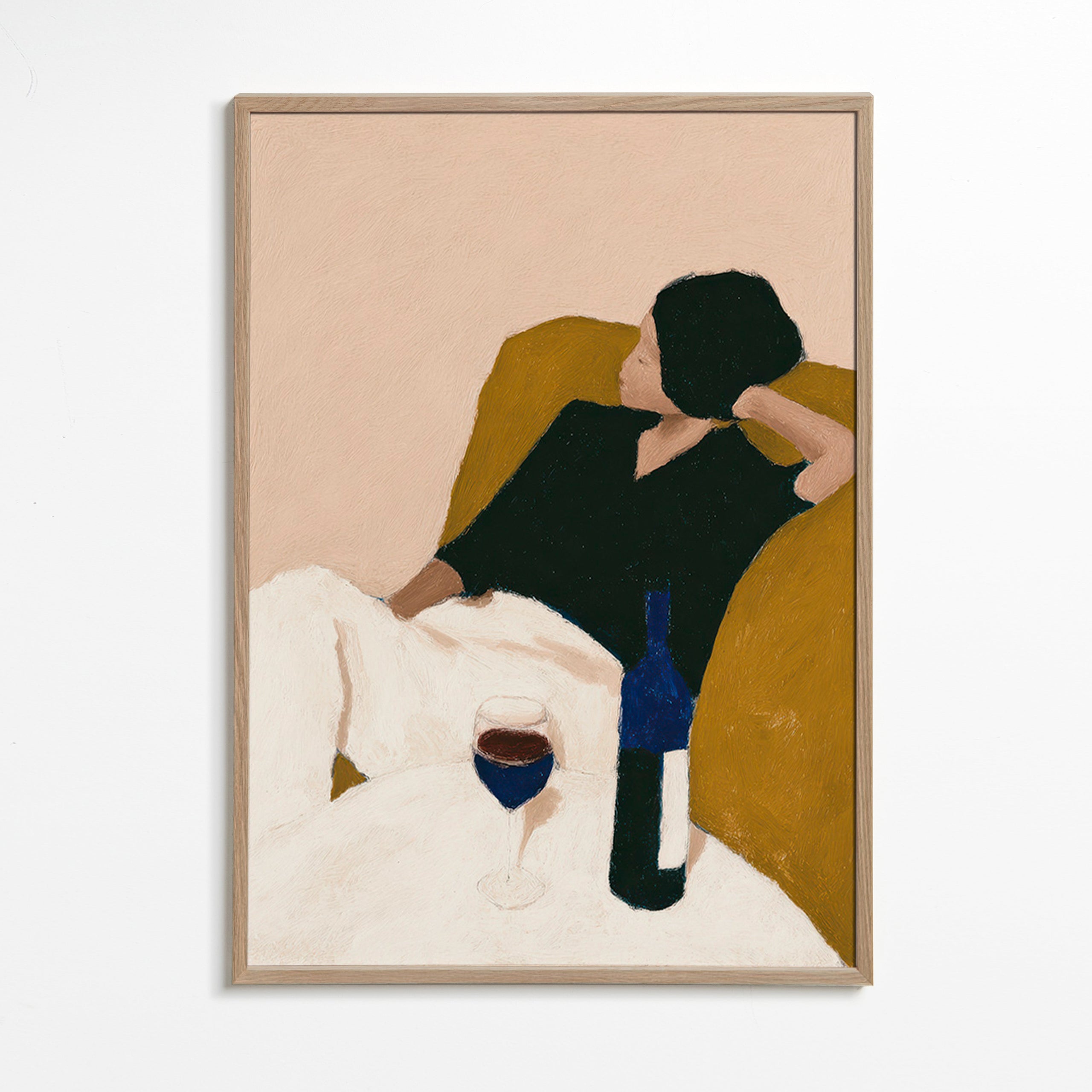 Køkkenkunst med vinflaske og sennepsfauteuil – Oak Frame