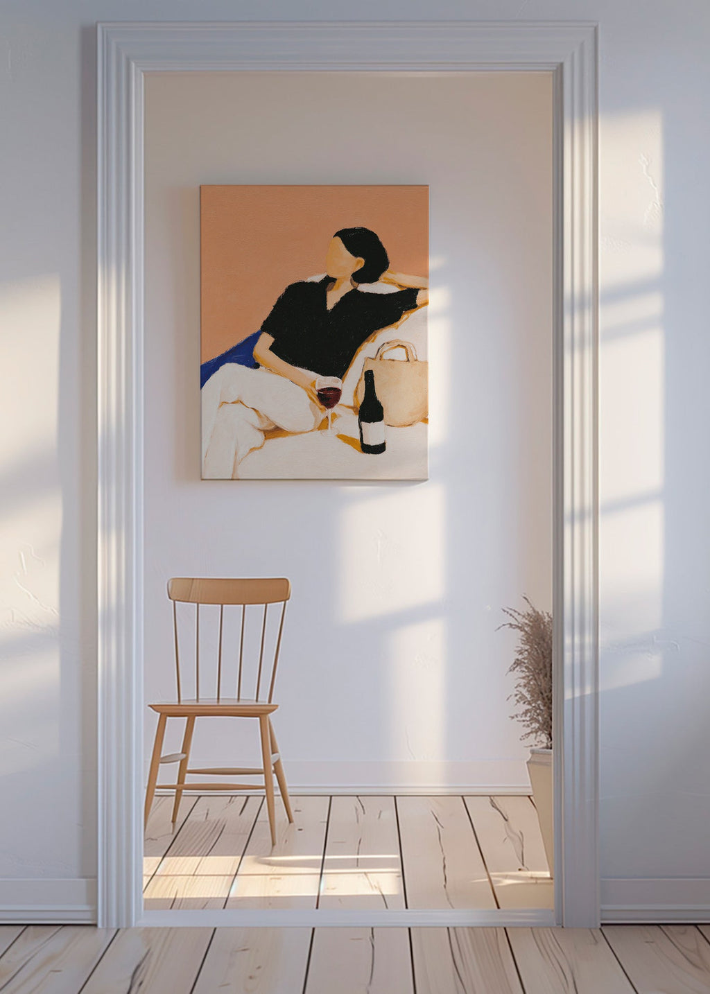 Køkkenkunst: afslappet kvinde med vinglas – Canvas