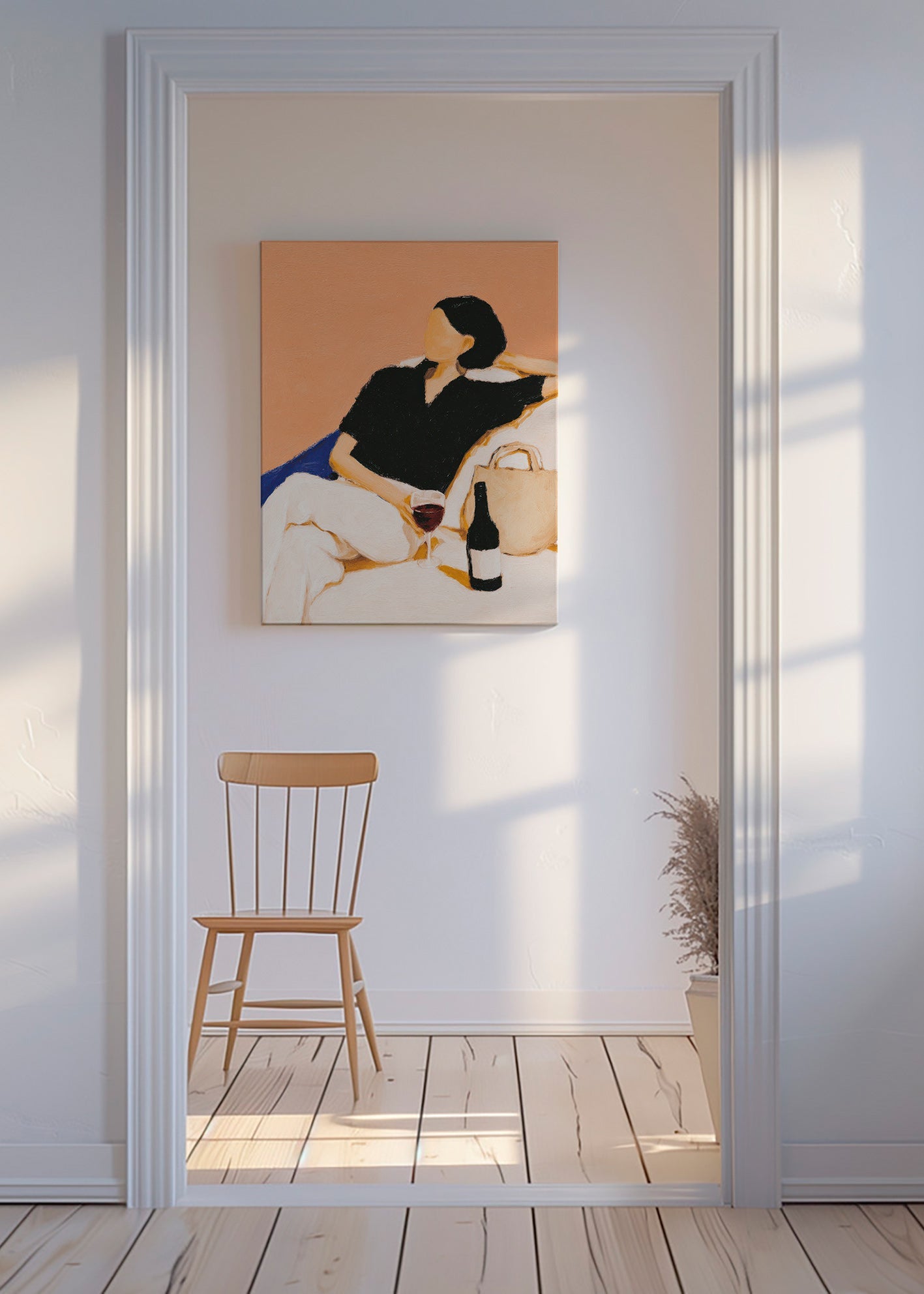 Køkkenkunst: afslappet kvinde med vinglas – Canvas