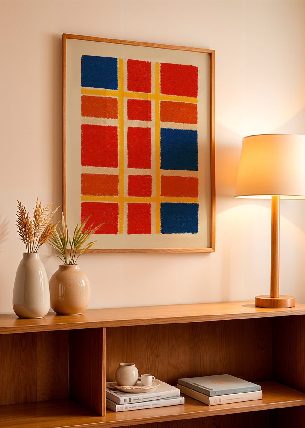 Geometrisk plakatgitter med røde og blå felter – Product3