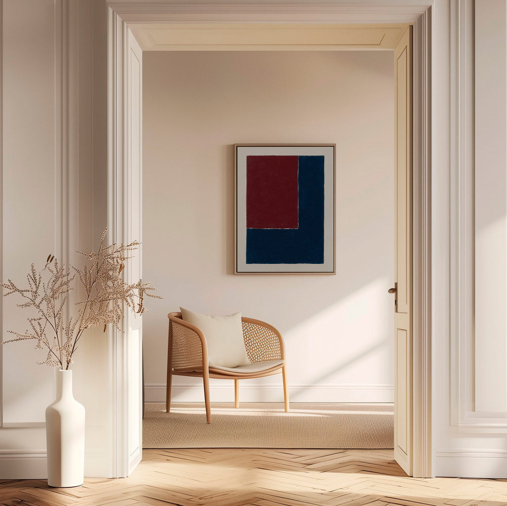 Geometrisk plakat med dybe blå og bordeaux blokke – Canvas1