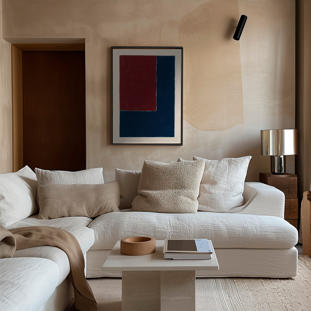 Geometrisk plakat med dybe blå og bordeaux blokke – Canvas2
