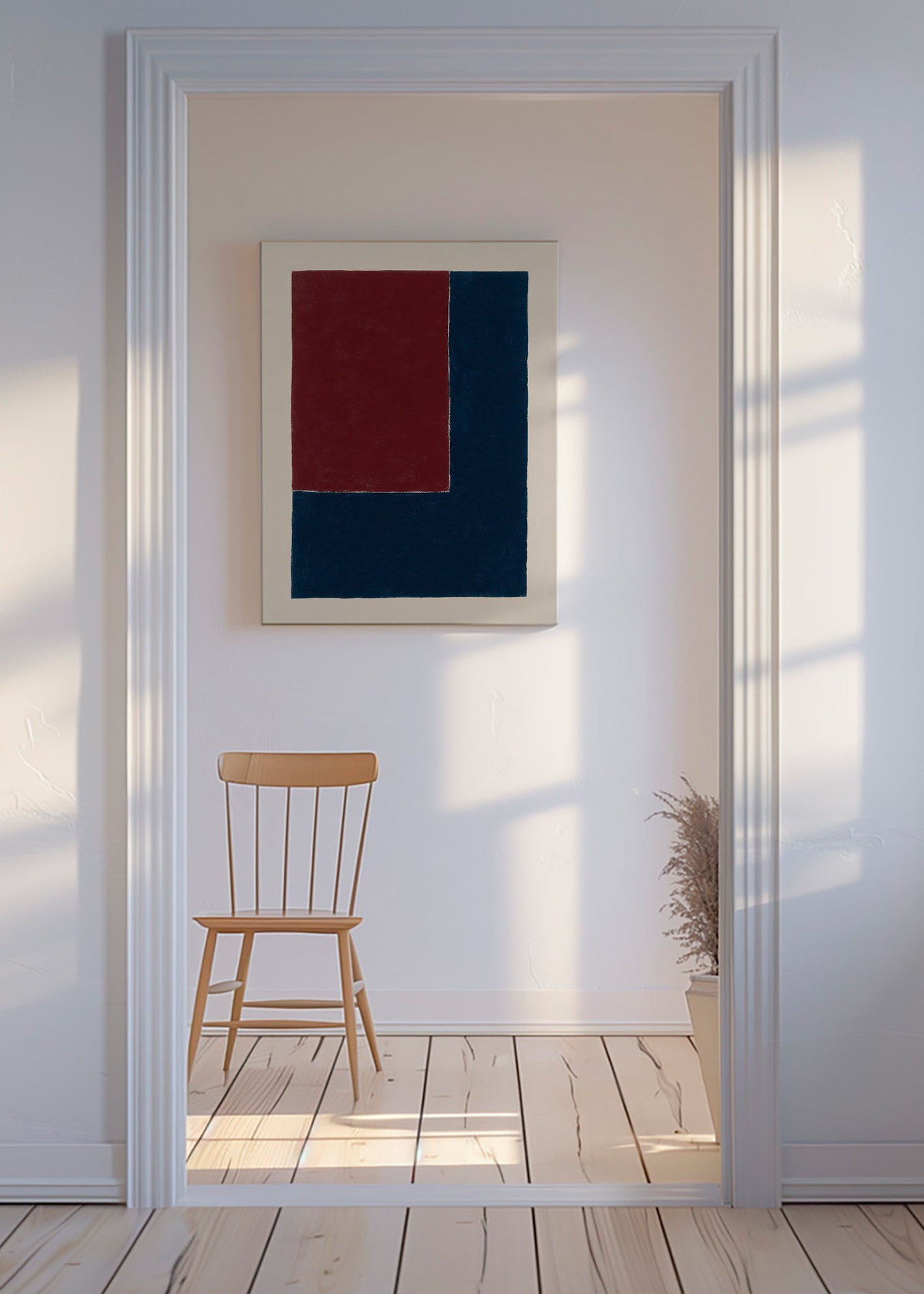 Geometrisk plakat med dybe blå og bordeaux blokke – Canvas