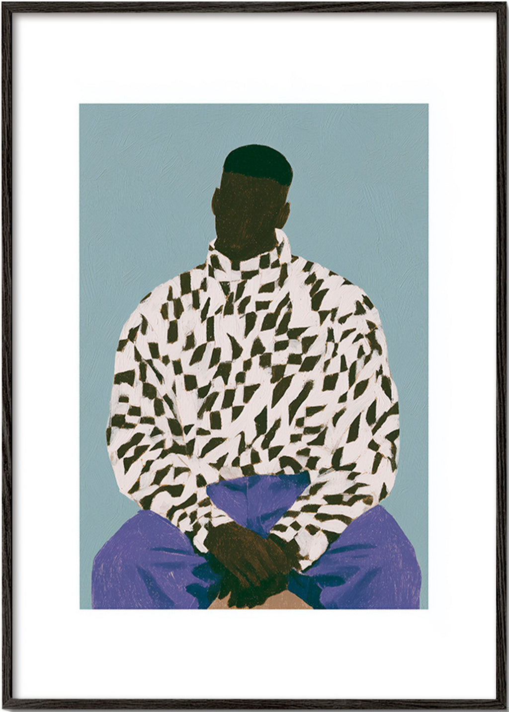 Illustration af siddende figur i mønstret skjorte – Black Frame