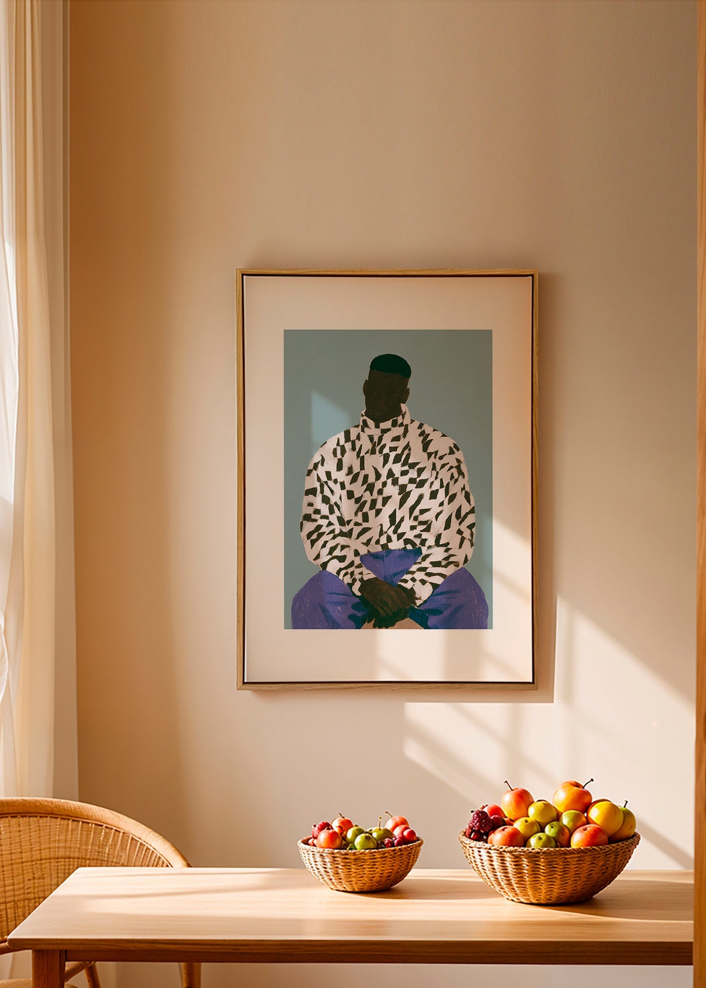 Illustration af siddende figur i mønstret skjorte – Canvas1