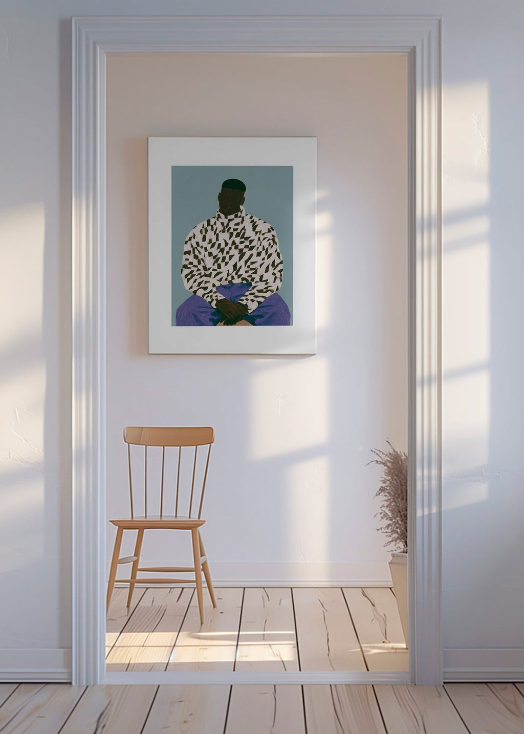 Illustration af siddende figur i mønstret skjorte – Canvas
