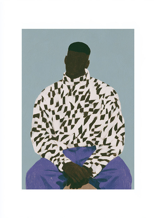 Illustration af siddende figur i mønstret skjorte