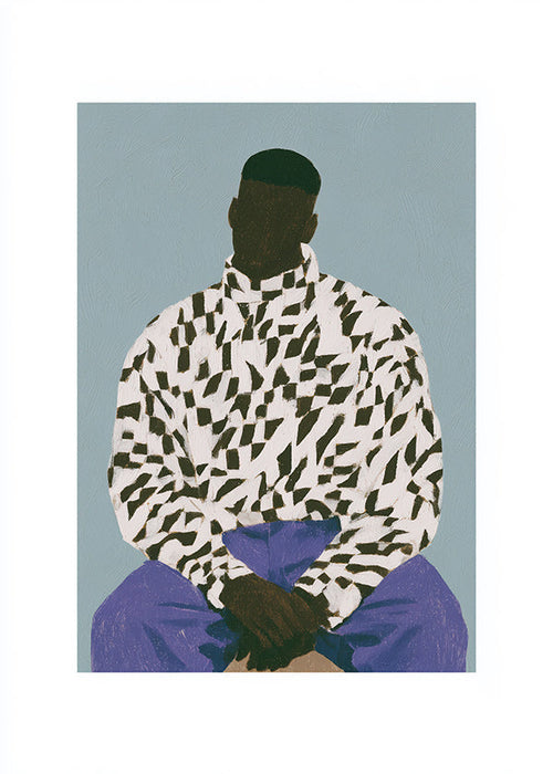 Illustration af siddende figur i mønstret skjorte