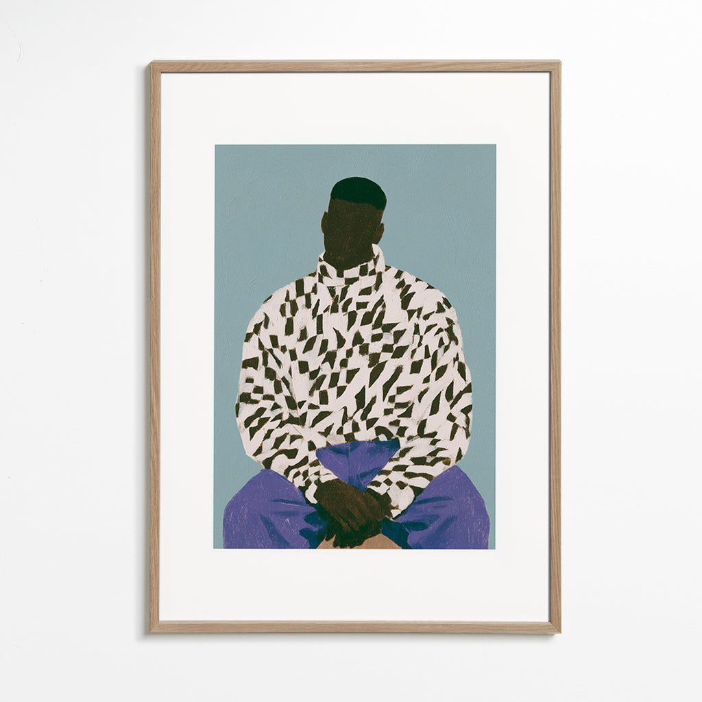 Illustration af siddende figur i mønstret skjorte – Oak Frame