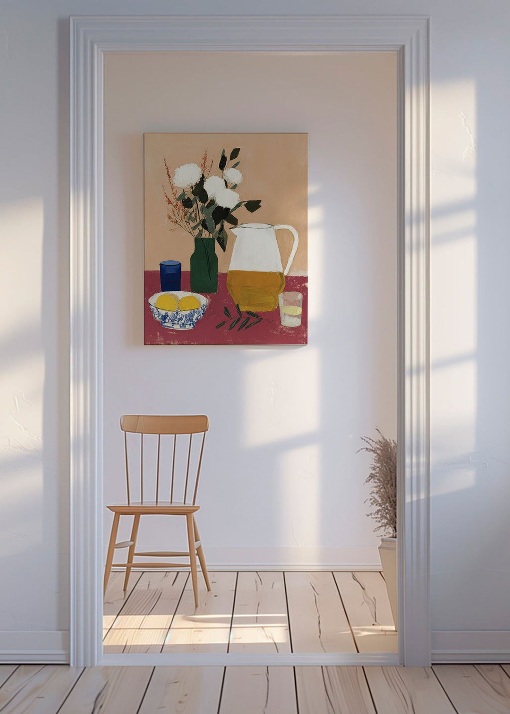 Køkkenkunst med kande og hvide blomster – Canvas