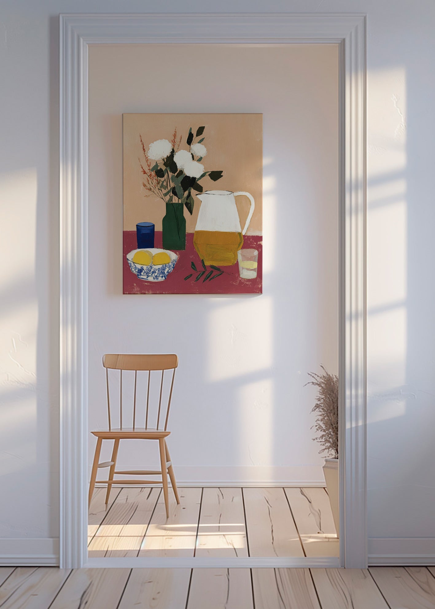 Køkkenkunst med kande og hvide blomster – Canvas