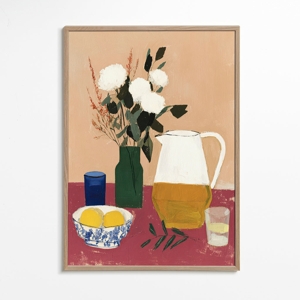 Køkkenkunst med kande og hvide blomster – Oak Frame