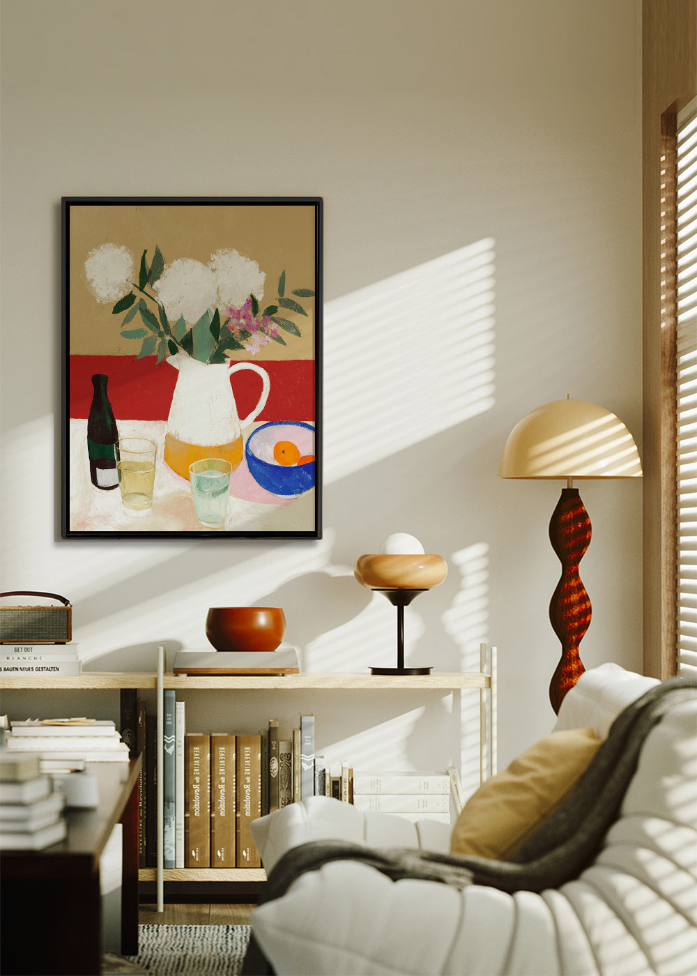 Botanisk plakat med kande og hvide blomster – Canvas1