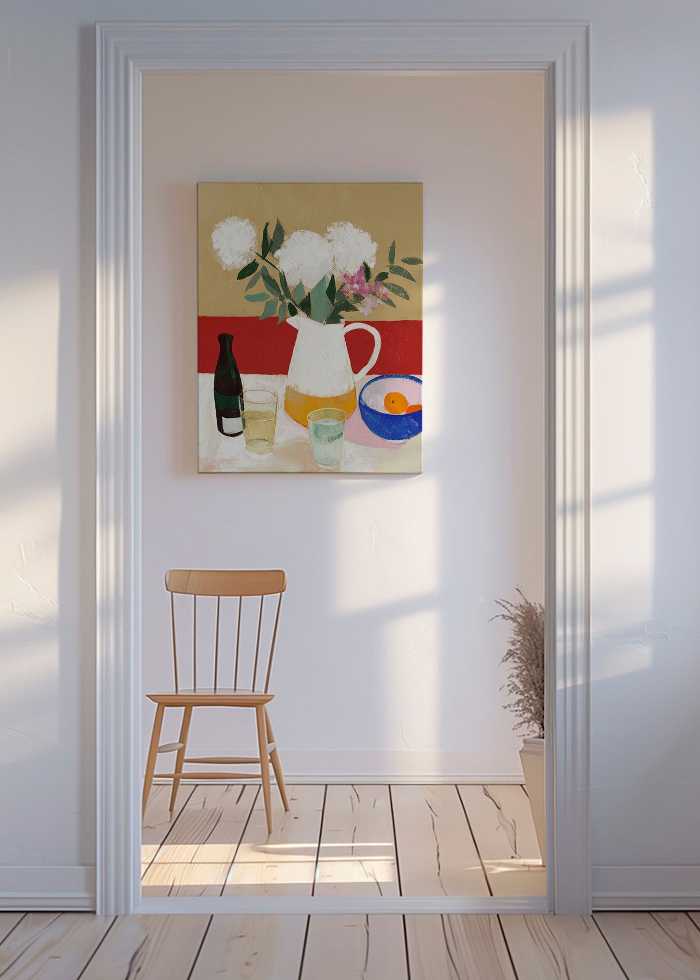 Botanisk plakat med kande og hvide blomster – Canvas