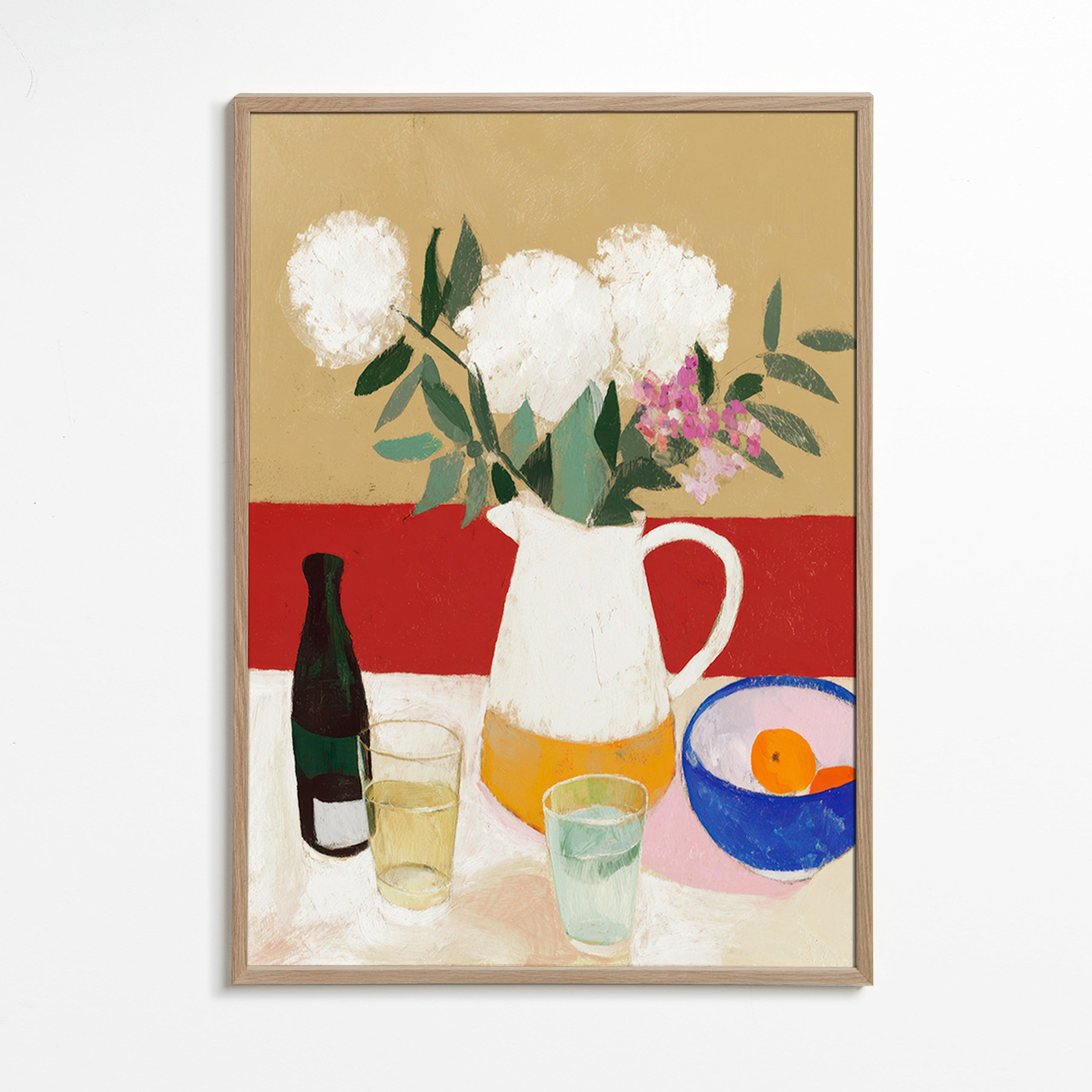 Botanisk plakat med kande og hvide blomster – Oak Frame