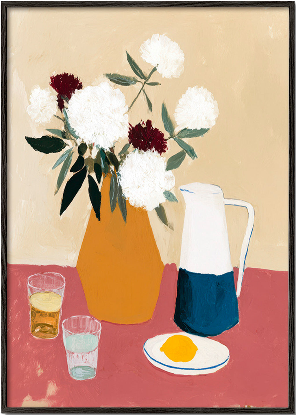 Botanisk plakat med vase og hvide blomster – Black Frame