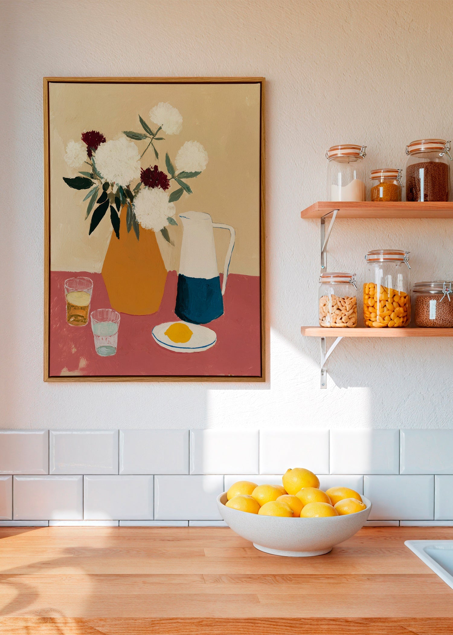 Botanisk plakat med vase og hvide blomster – Canvas1