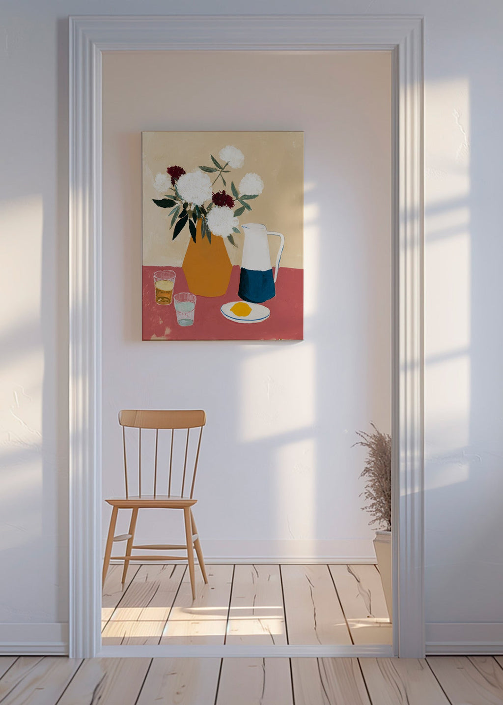 Botanisk plakat med vase og hvide blomster – Canvas