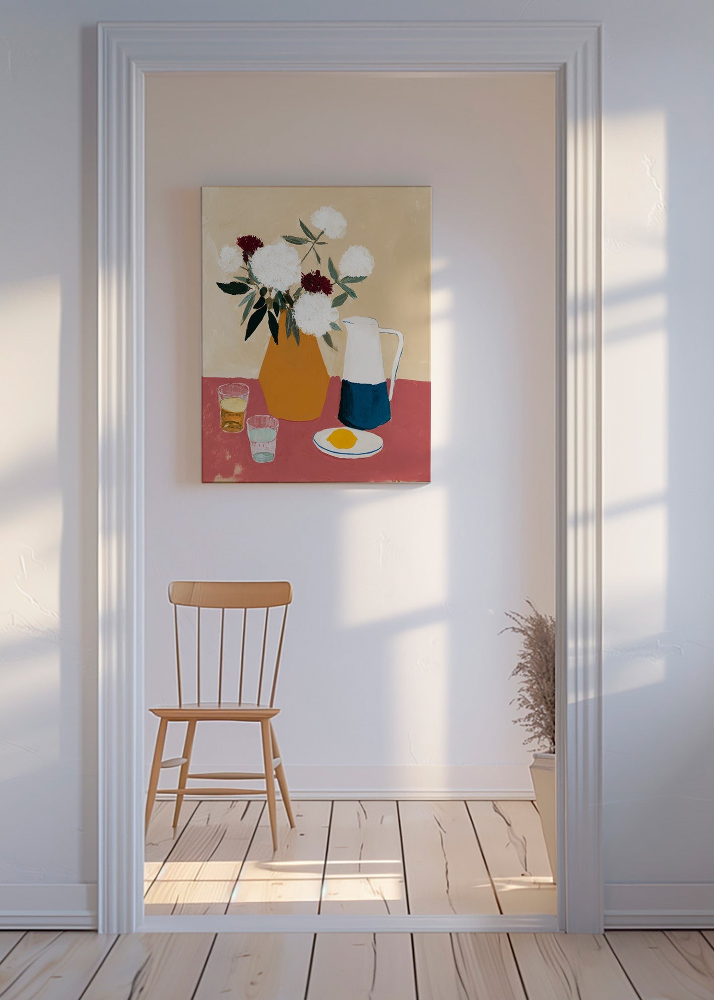 Botanisk plakat med vase og hvide blomster – Canvas