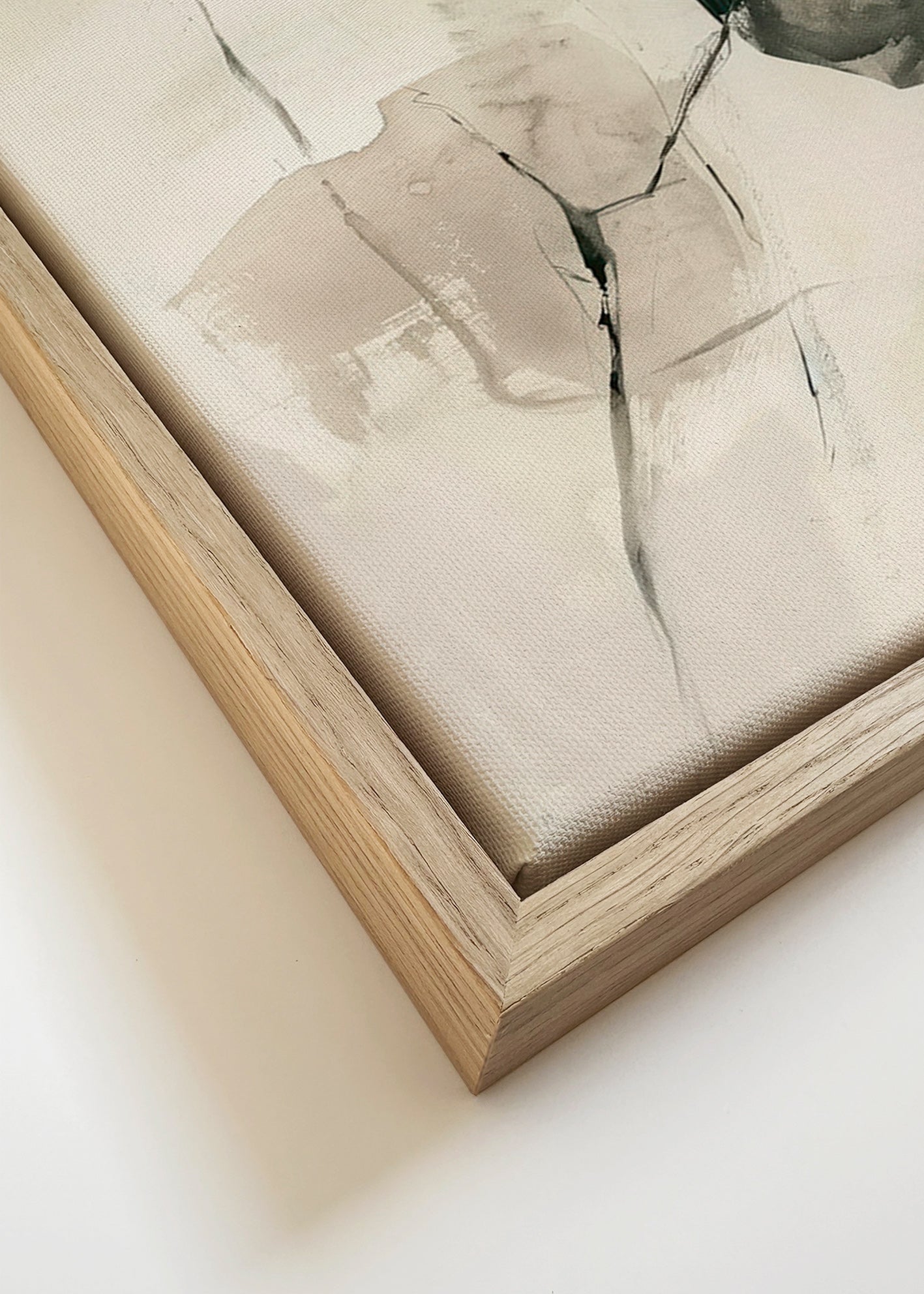 Abstrakt maleri med blækstrøg og bløde rum – Canvas detail