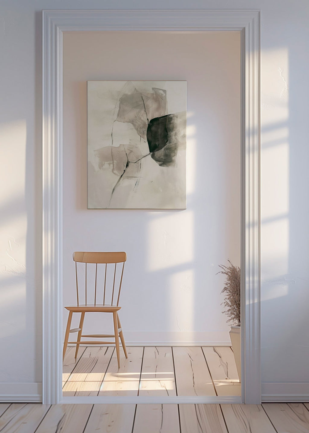 Abstrakt maleri med blækstrøg og bløde rum – Canvas