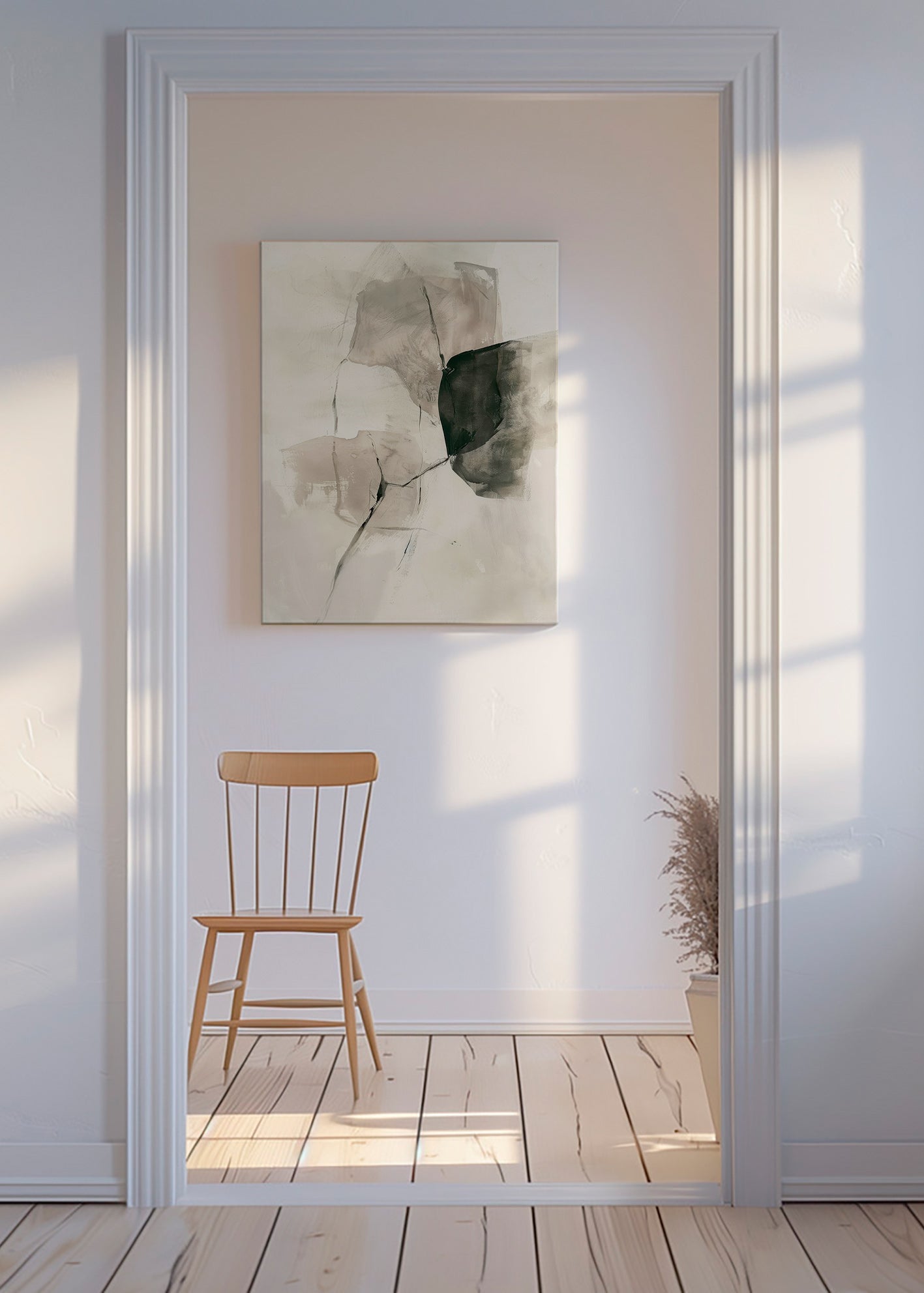 Abstrakt maleri med blækstrøg og bløde rum – Canvas