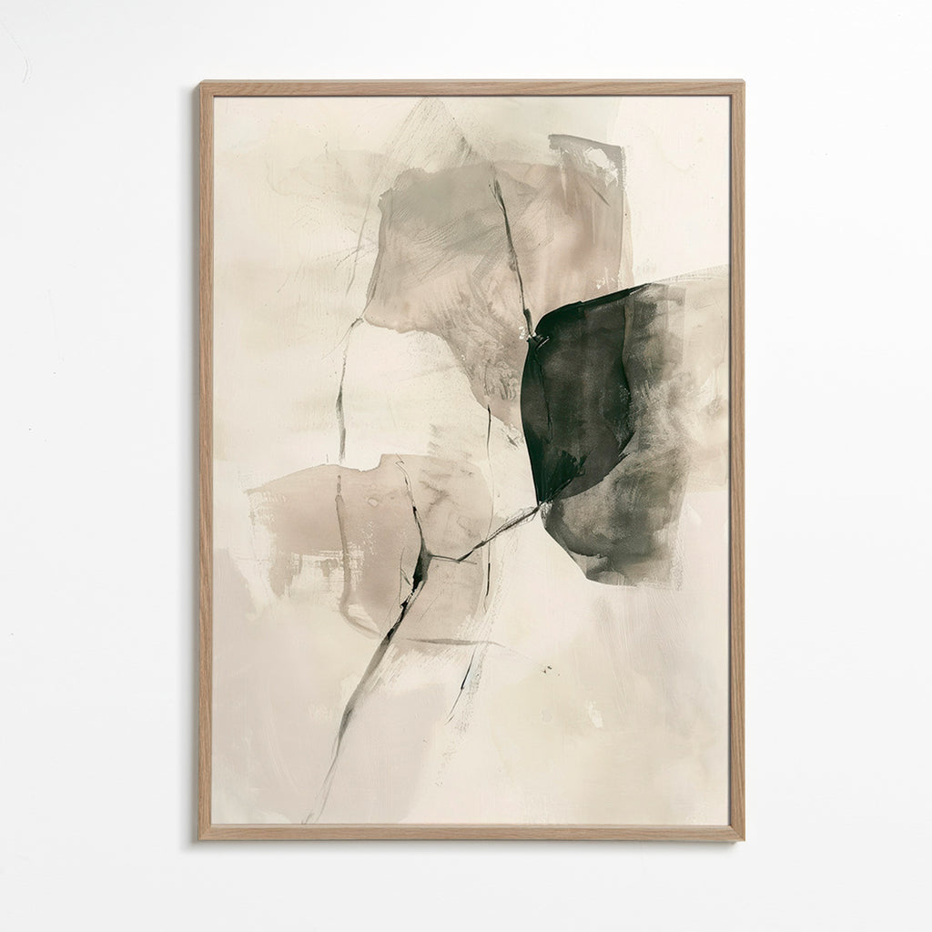 Abstrakt maleri med blækstrøg og bløde rum – Oak Frame