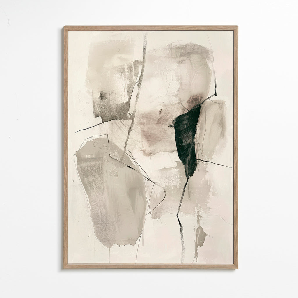Abstrakt maleri i blæk og neutrale toner – Oak Frame