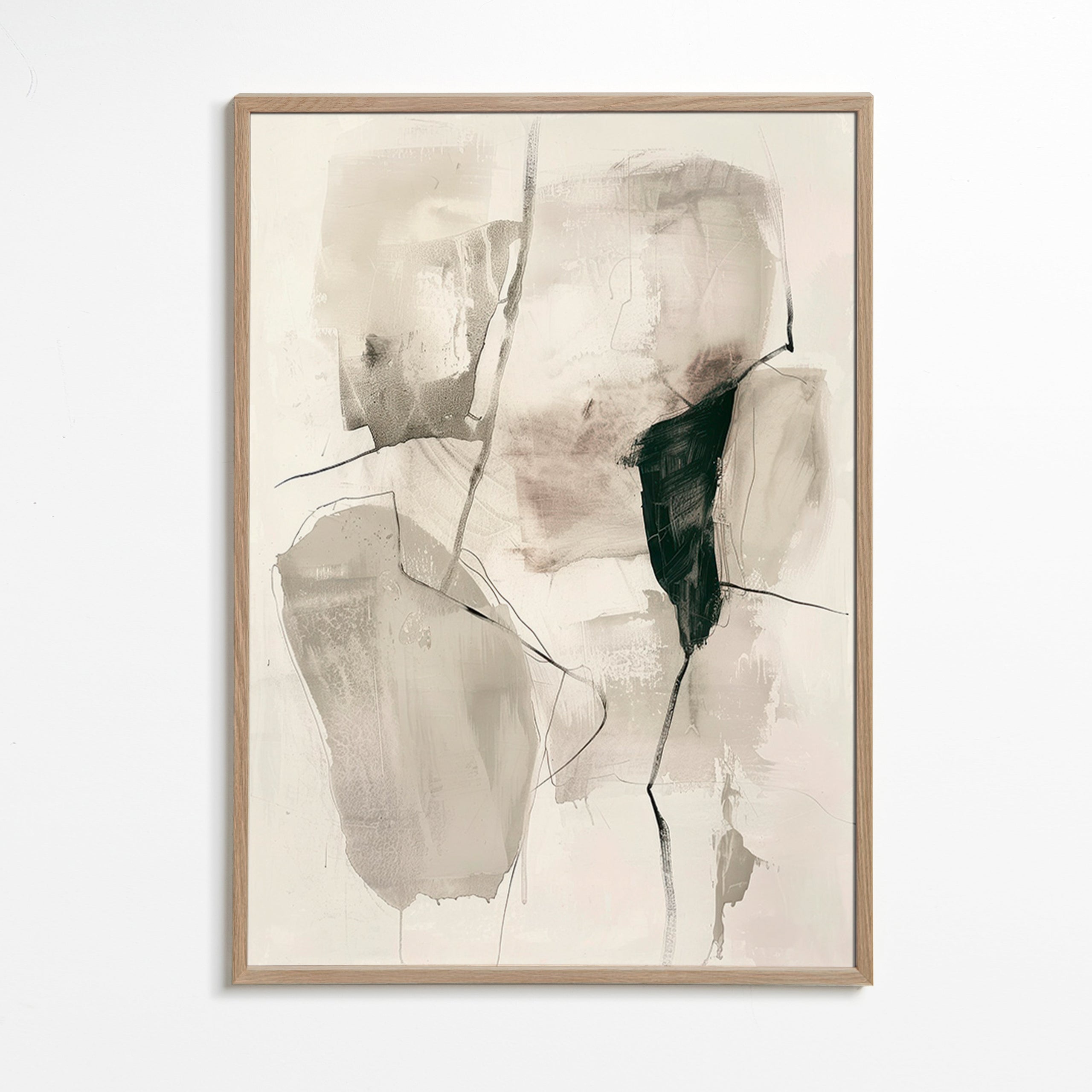 Abstrakt maleri i blæk og neutrale toner – Oak Frame