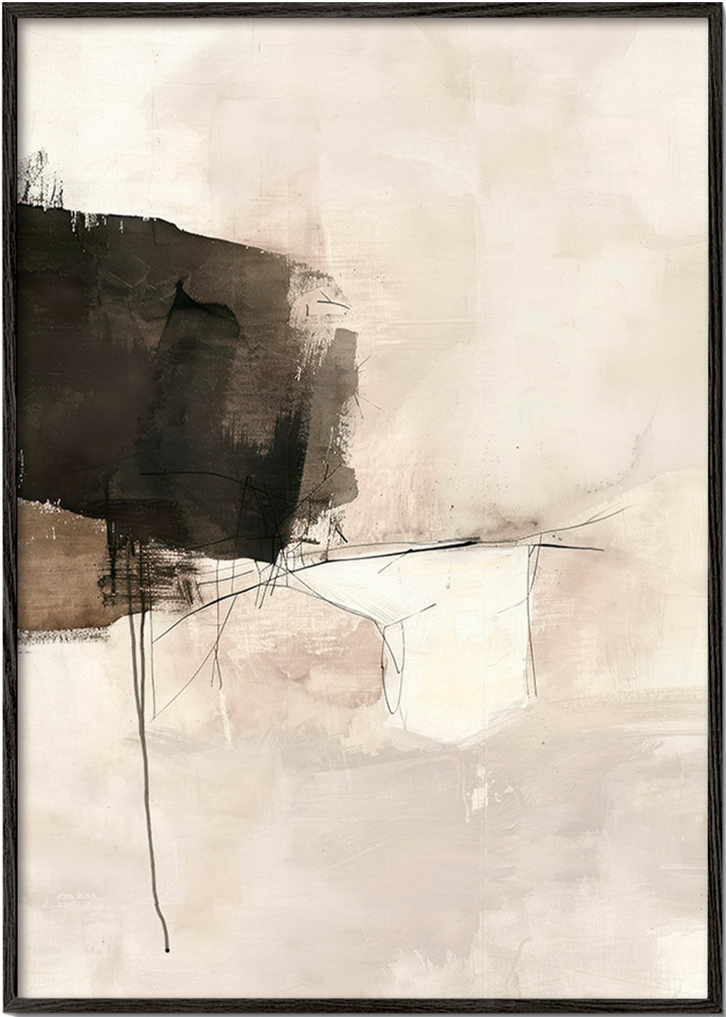 Abstrakt billede med sort plet og fine linjer – Black Frame