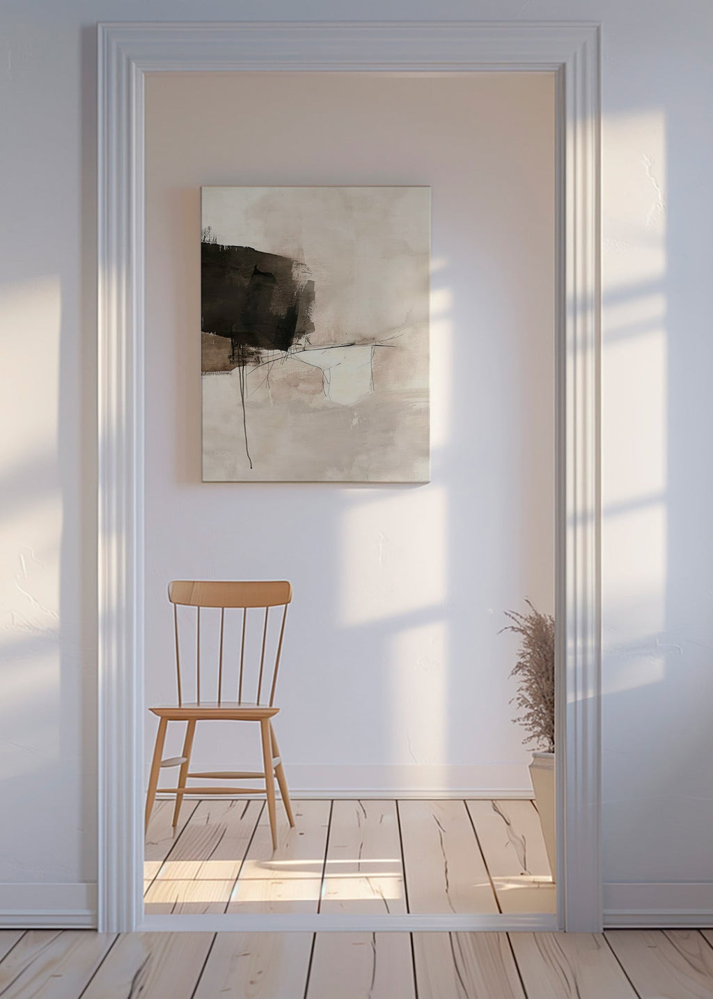 Abstrakt billede med sort plet og fine linjer – Canvas