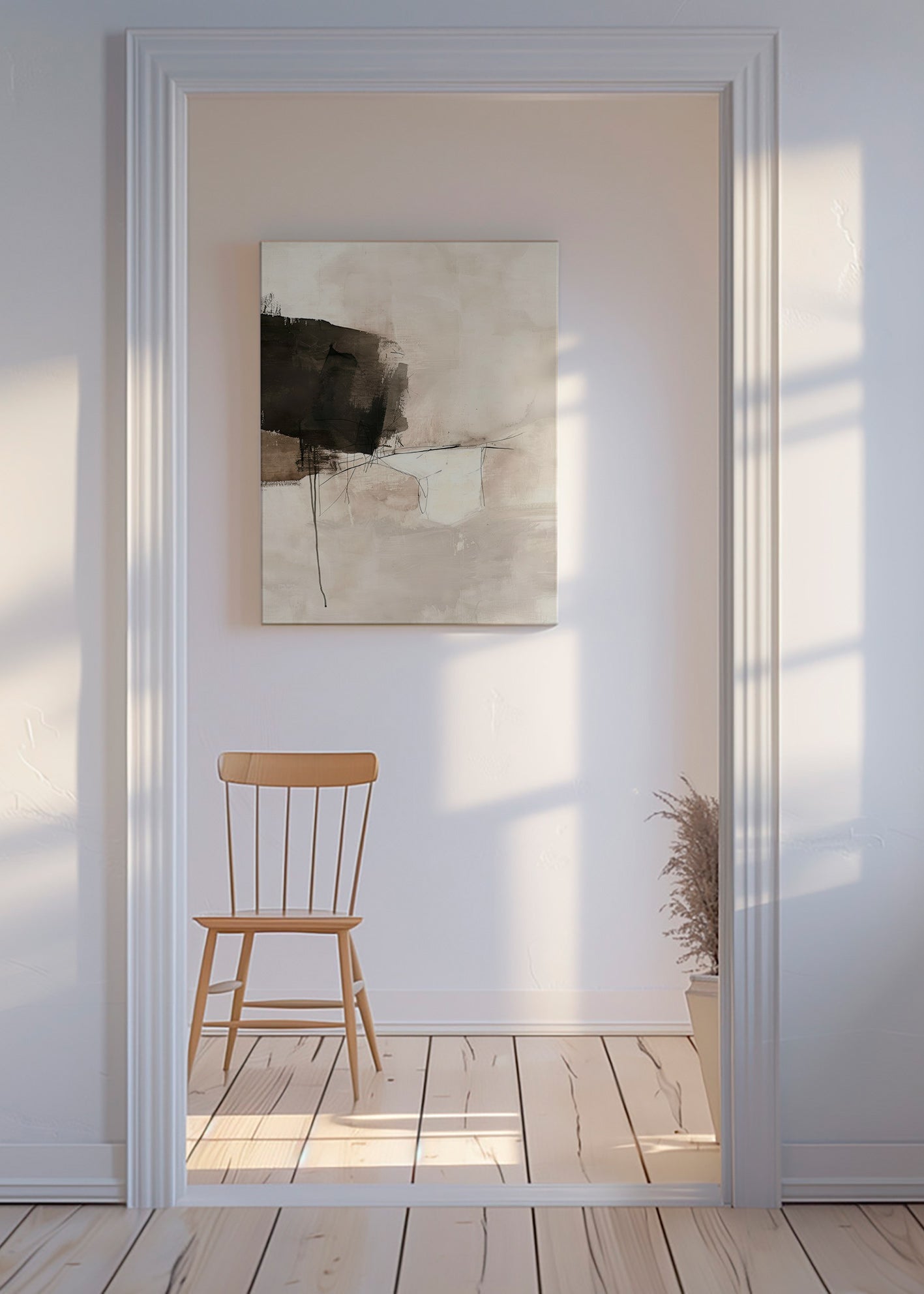 Abstrakt billede med sort plet og fine linjer – Canvas