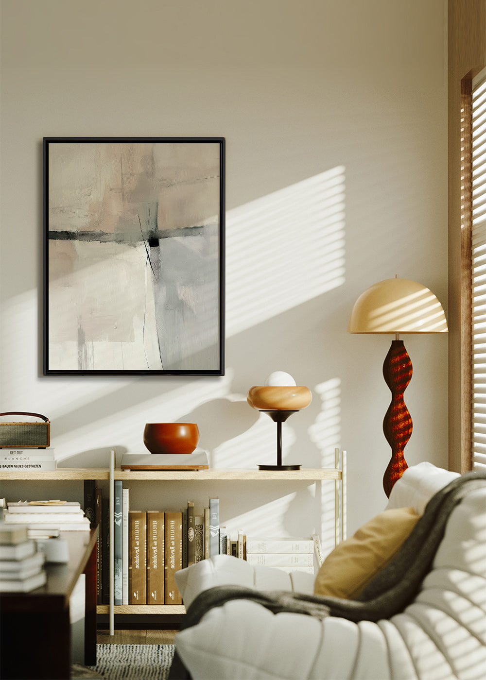 Abstrakt maleri med sarte linjer og grå flader – Canvas2