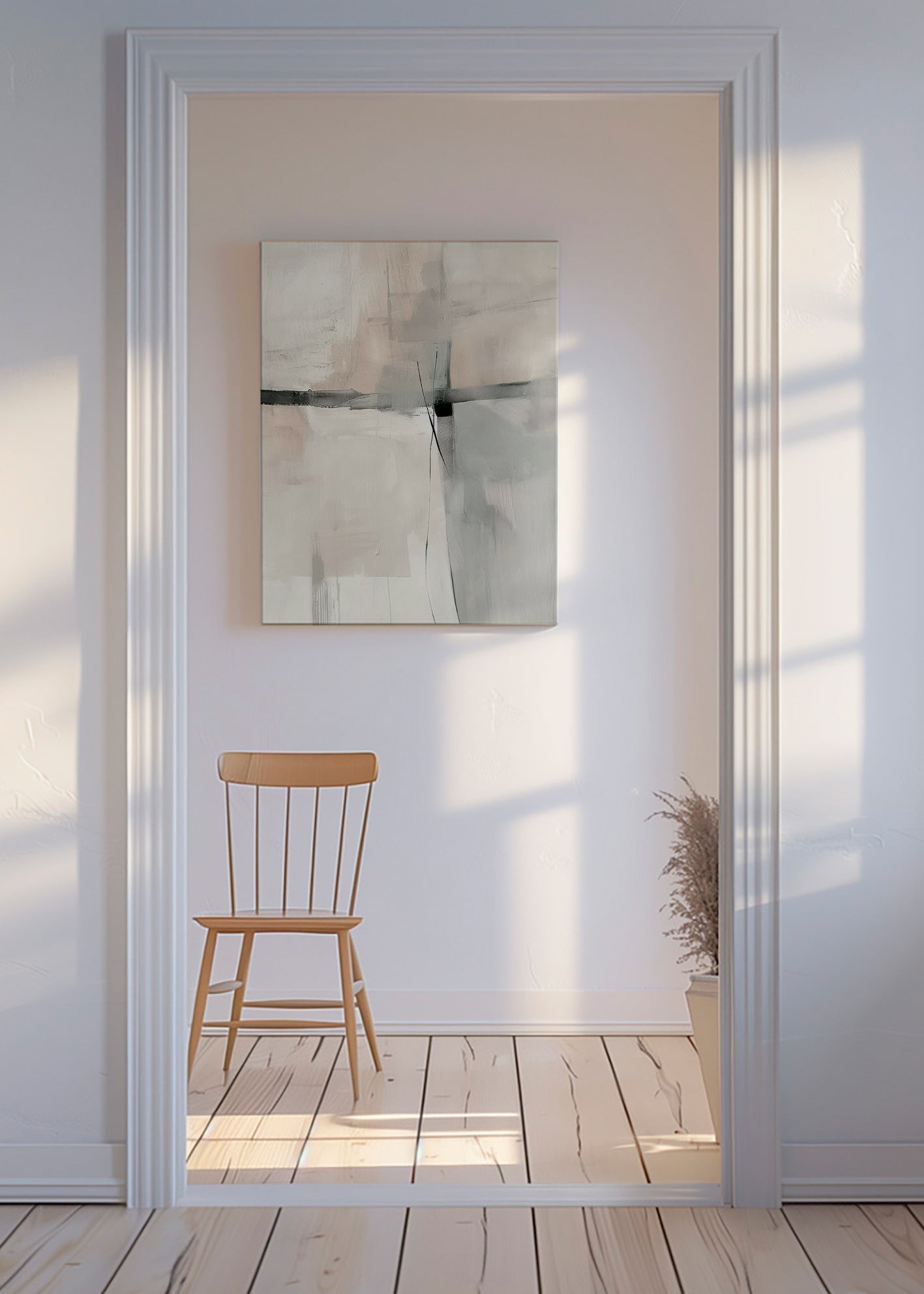 Abstrakt maleri med sarte linjer og grå flader – Canvas